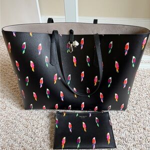 Kate Spade New York Black Parrot Print Tote With Matching Zip Pouch